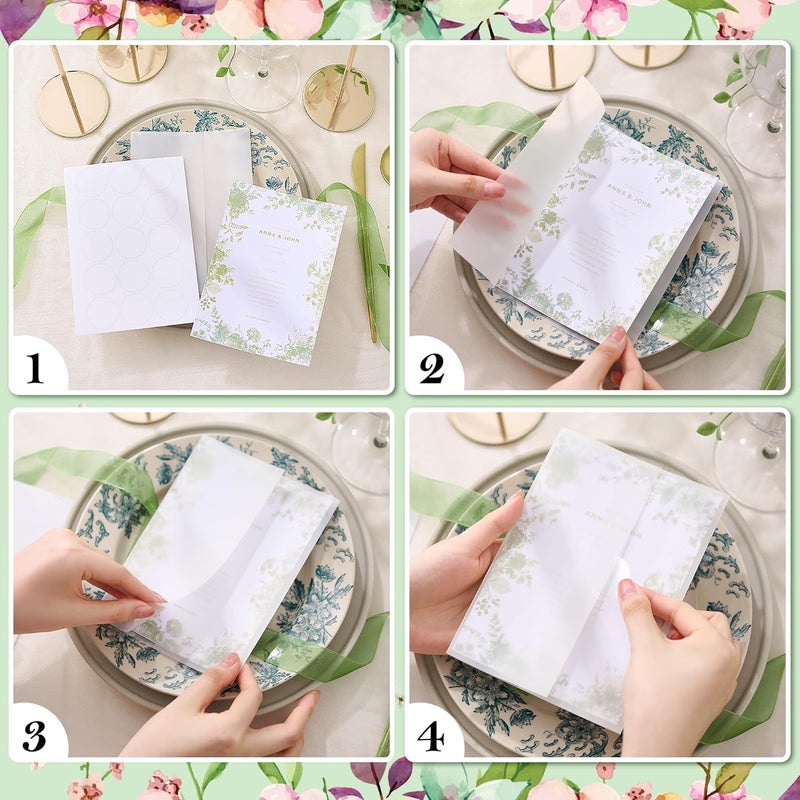PENPRIS 45 Sets Luxury Pre-Folded Vellum Jackets with Blank 5''x7'' White Cards and Sealing Stickers Translucent 5''x7'' Vellum Paper for Wedding/Birthday Invitations PAP10MX1 - Image 4